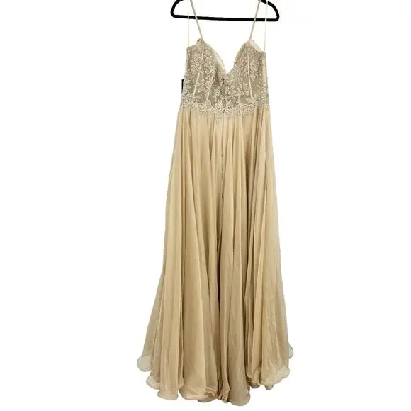 La Femme Nude Floral Appliqué Chiffon Evening Gown Maxi Dress Size 14 NWT